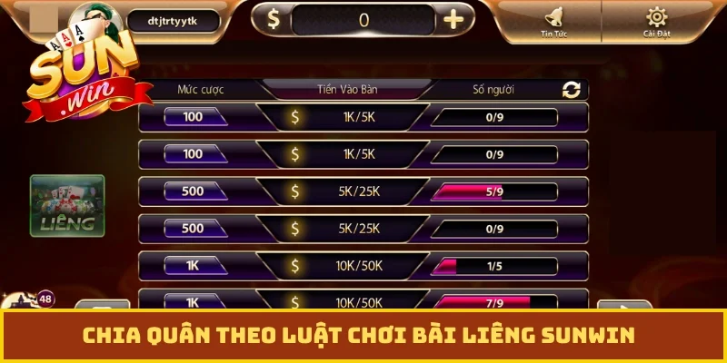 Chia quân theo luật chơi bài liêng Sunwin